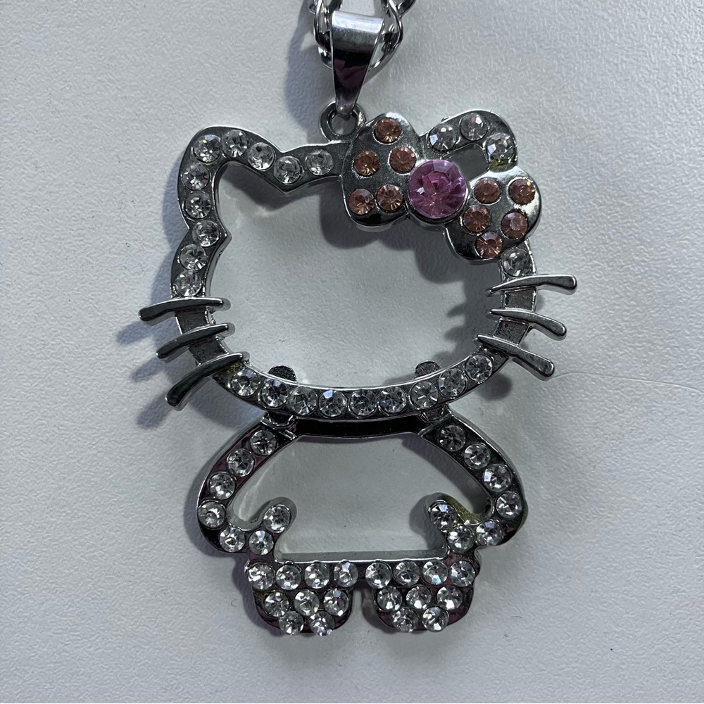 Sanrio Hello Kitty Rhinestone Cutout Pendant Necklace Silver Tone Pink Bow Y2K